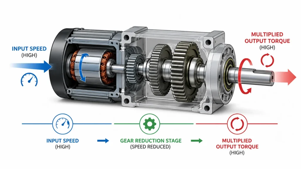 Diagram showing input speed, gear reduction stage, and multiplied output torque in a compact gear motor assembly