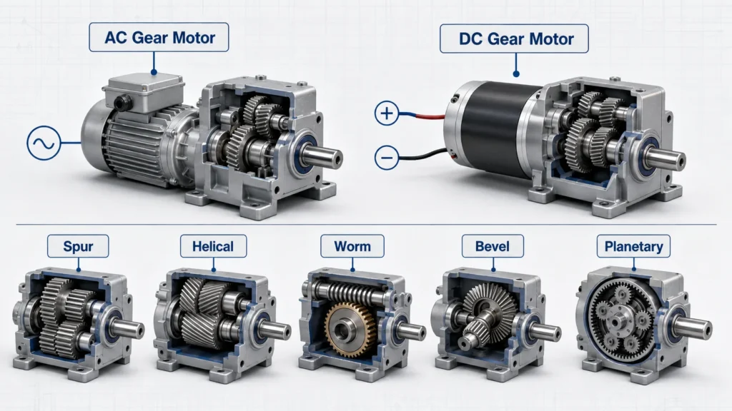 Comparison diagram of AC and DC gear motors with spur, helical, worm, bevel, and planetary gearboxes