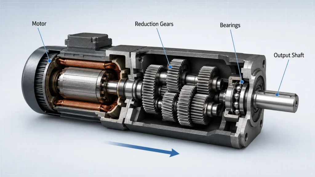 Cutaway diagram of an electric gear motor showing the motor, reduction gears, bearings, and output shaft