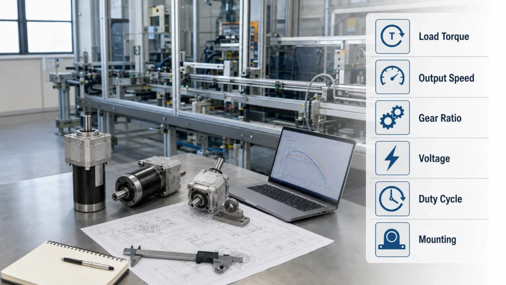 Engineer selecting a gear motor using load torque, output speed, ratio, voltage, duty cycle, and mounting data