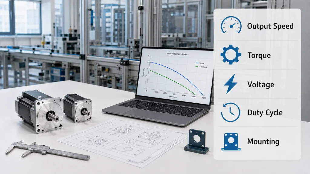Engineer selecting a gear motor using output speed, torque, voltage, duty cycle, and mounting requirements