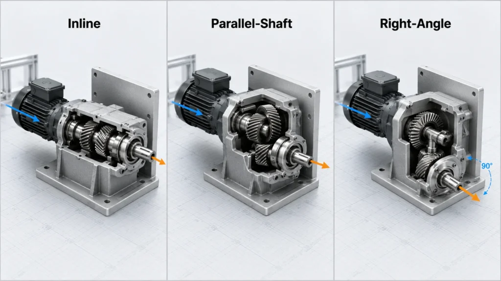 Gear motor gearbox layouts showing inline, parallel shaft, and right angle configurations for machine design