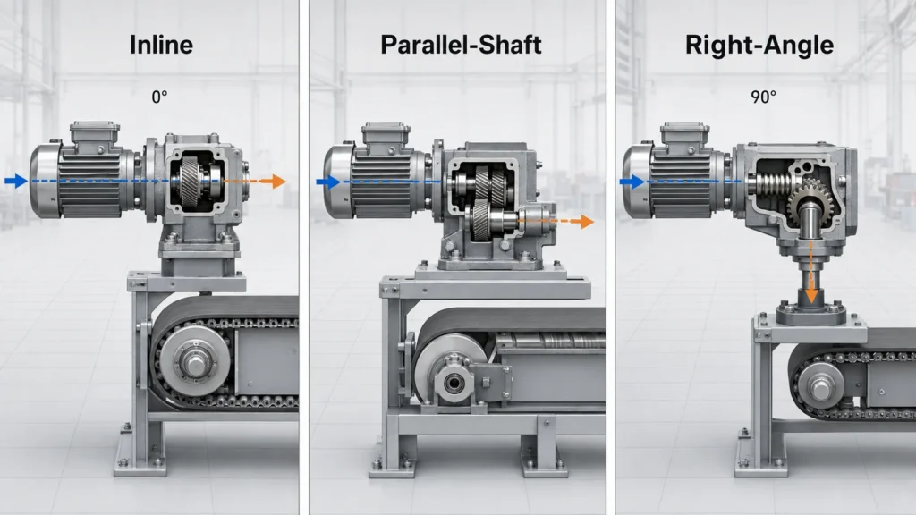 Industrial gear motor layouts comparing inline, parallel shaft, and right angle output orientations