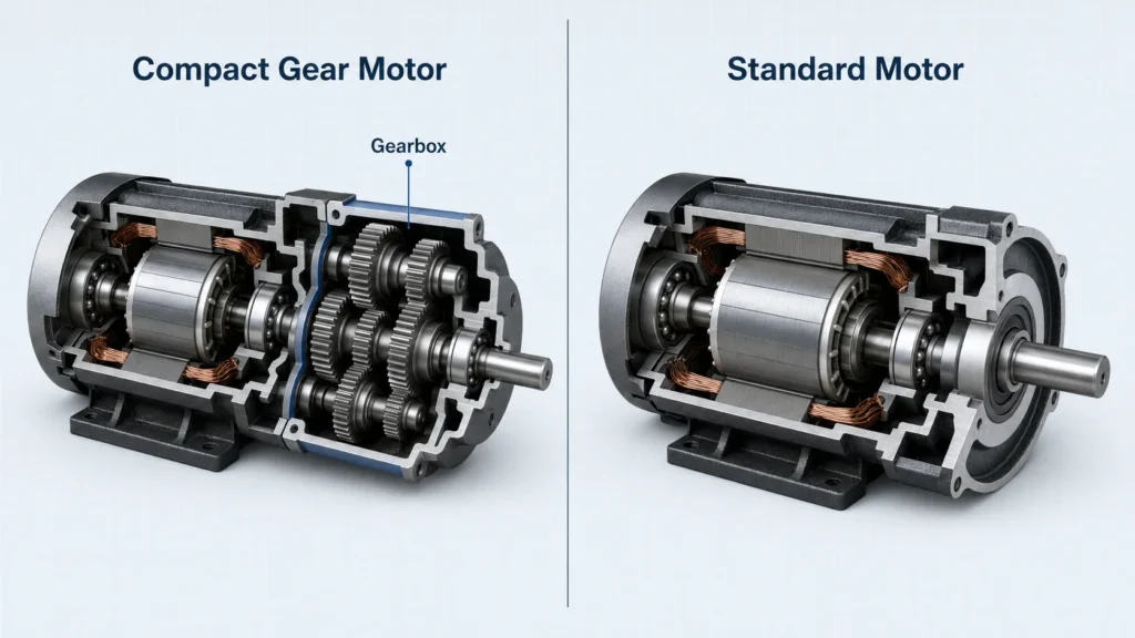 Side by side cutaway comparison of a compact gear motor and a standard electric motor without a gearbox