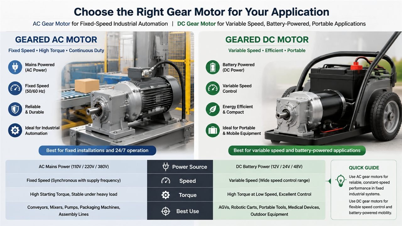Comparison of a battery-powered DC gear motor and a mains-powered AC gear motor installed in industrial equipment