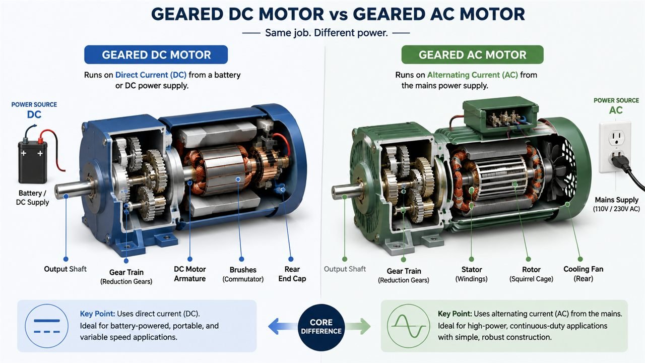 Side-by-side cutaway illustration comparing a geared DC motor with a geared AC motor showing their internal parts