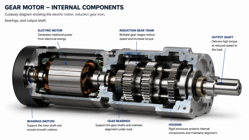 Cutaway diagram of a gear motor showing the electric motor, reduction gear train, bearings, and output shaft