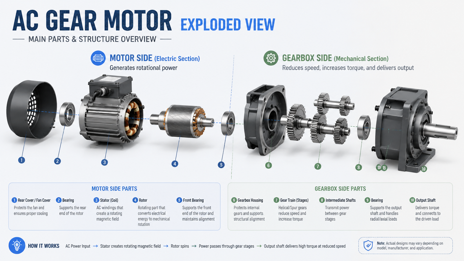 Exploded view of an AC gear motor showing motor stator, rotor, gearbox gears, output shaft, bearings, and housing