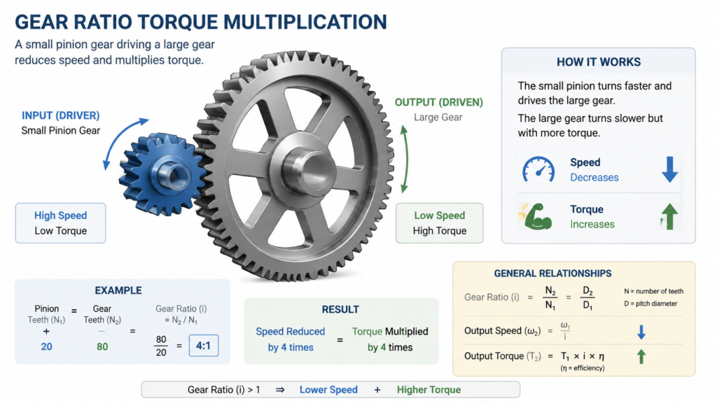 Diagram of a small pinion gear meshing with a large gear, showing speed reduced and torque multiplied