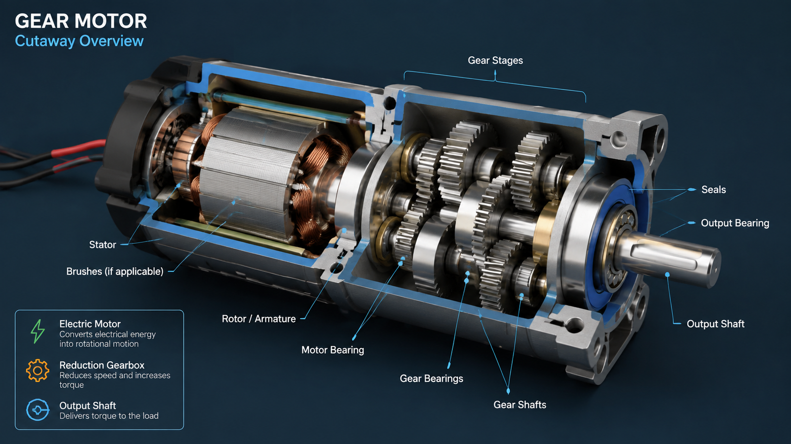 Cutaway illustration of a small gear motor showing the motor, gear stages, bearings, seals, and output shaft