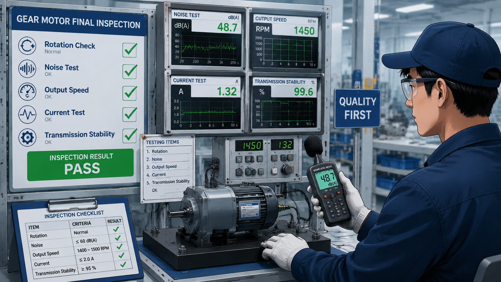 Factory technician performing the final inspection of a small AC gear motor for noise, speed, and output stability