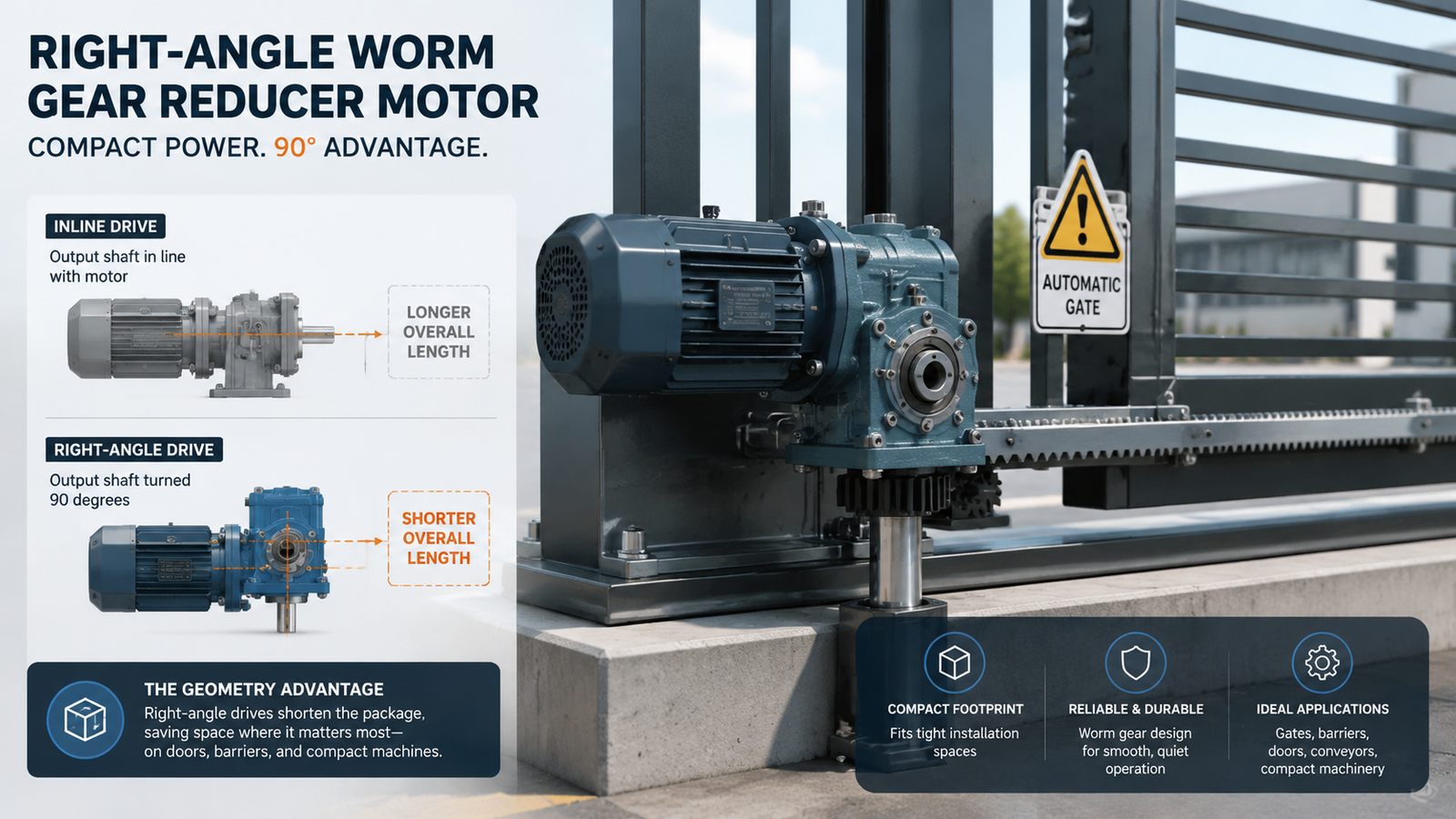 Right-angle worm gear reducer motor shown in industrial use, with the output shaft perpendicular to the compact motor body driving a gate mechanism