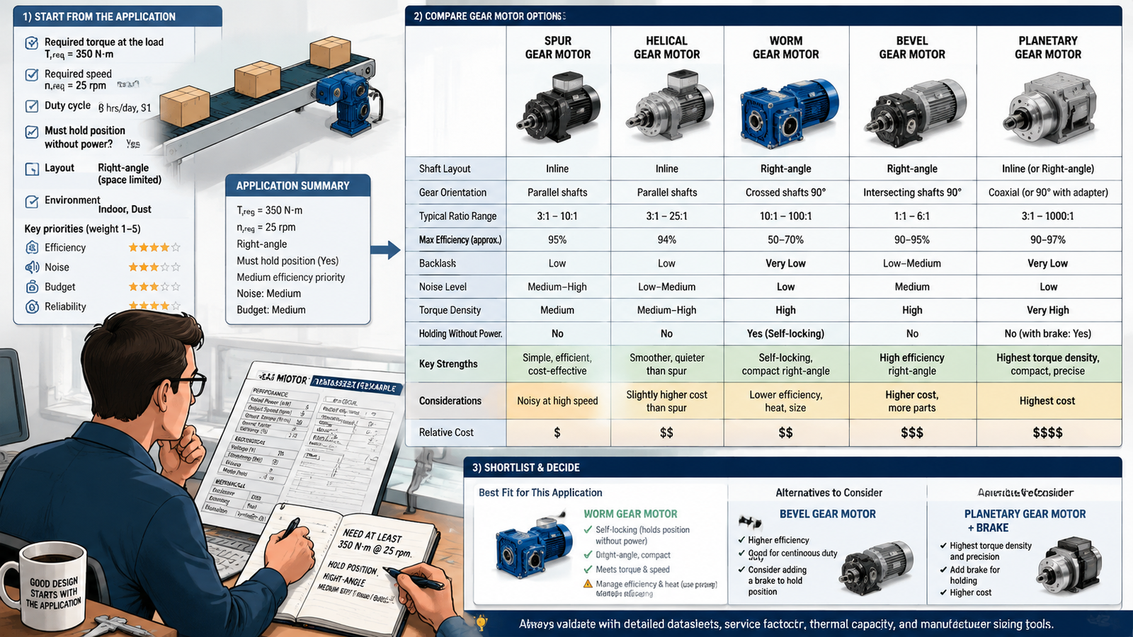 Engineer reviewing gear motor datasheets and specification tables to select between spur, helical, worm, bevel and planetary gear motor types for a conveyor application