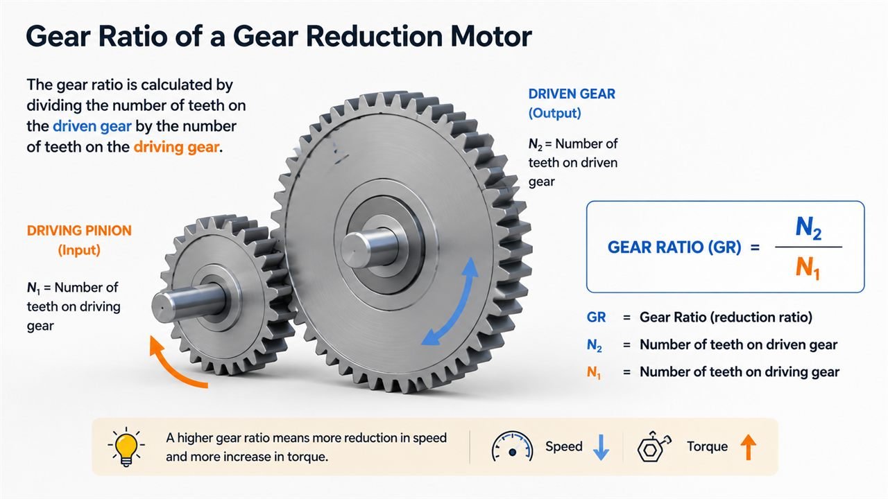 Two meshing gears showing the smaller driving pinion and the larger driven gear used to calculate the gear reduction ratio