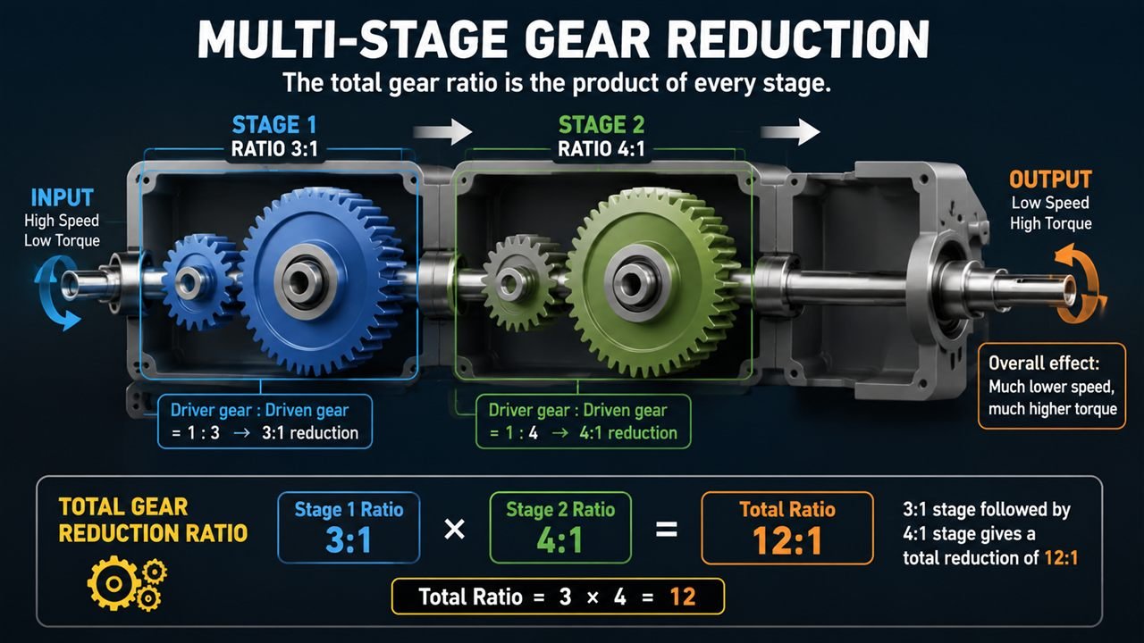 Illustration of gear reduction stages stacked together to show that multiplying each stage ratio gives the total reduction ratio