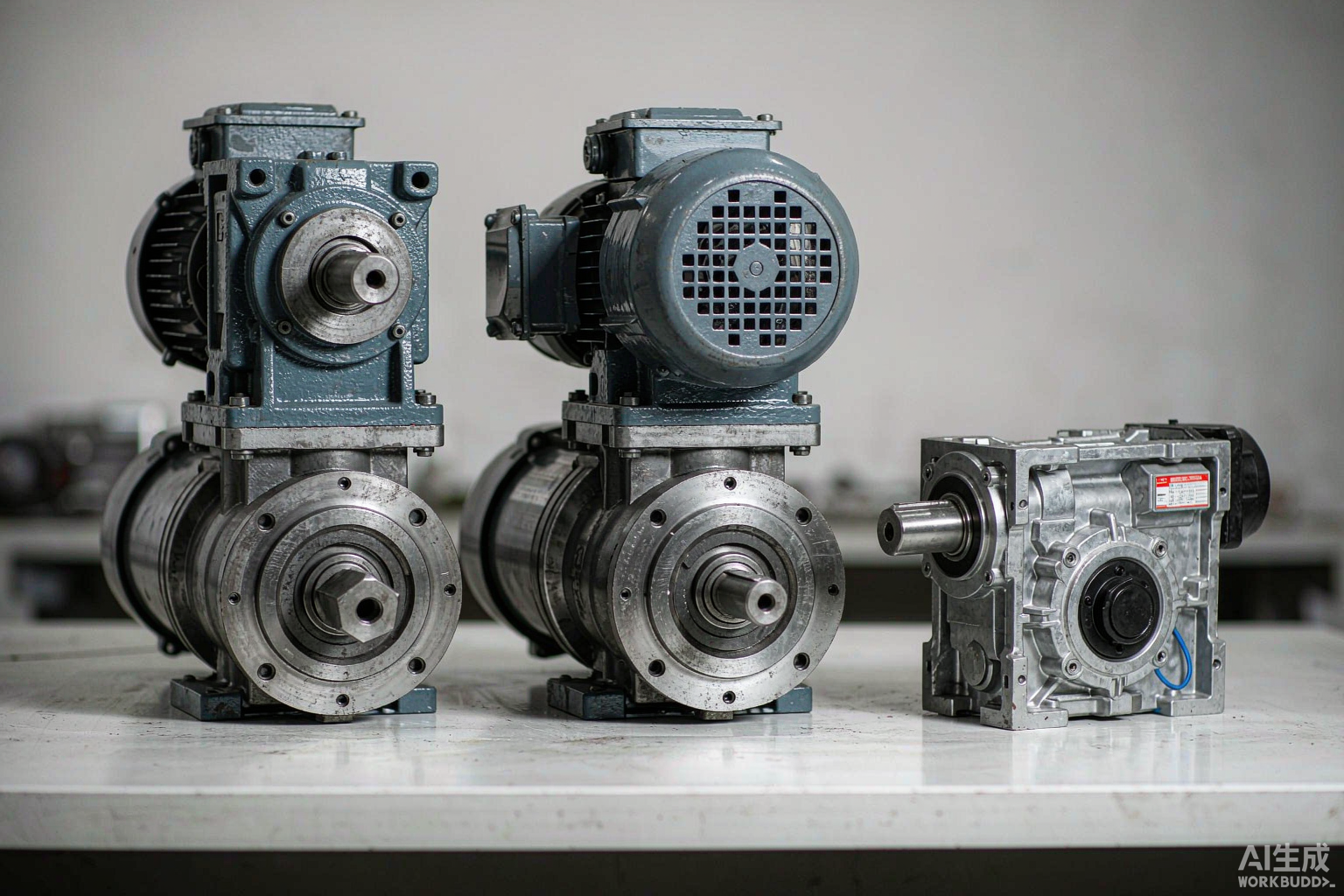 Side-by-side comparison of SEW gear motor series DRN, K, S, W and Spiroplan arranged by gear layout, ratio range and power output on a clean industrial workshop bench
