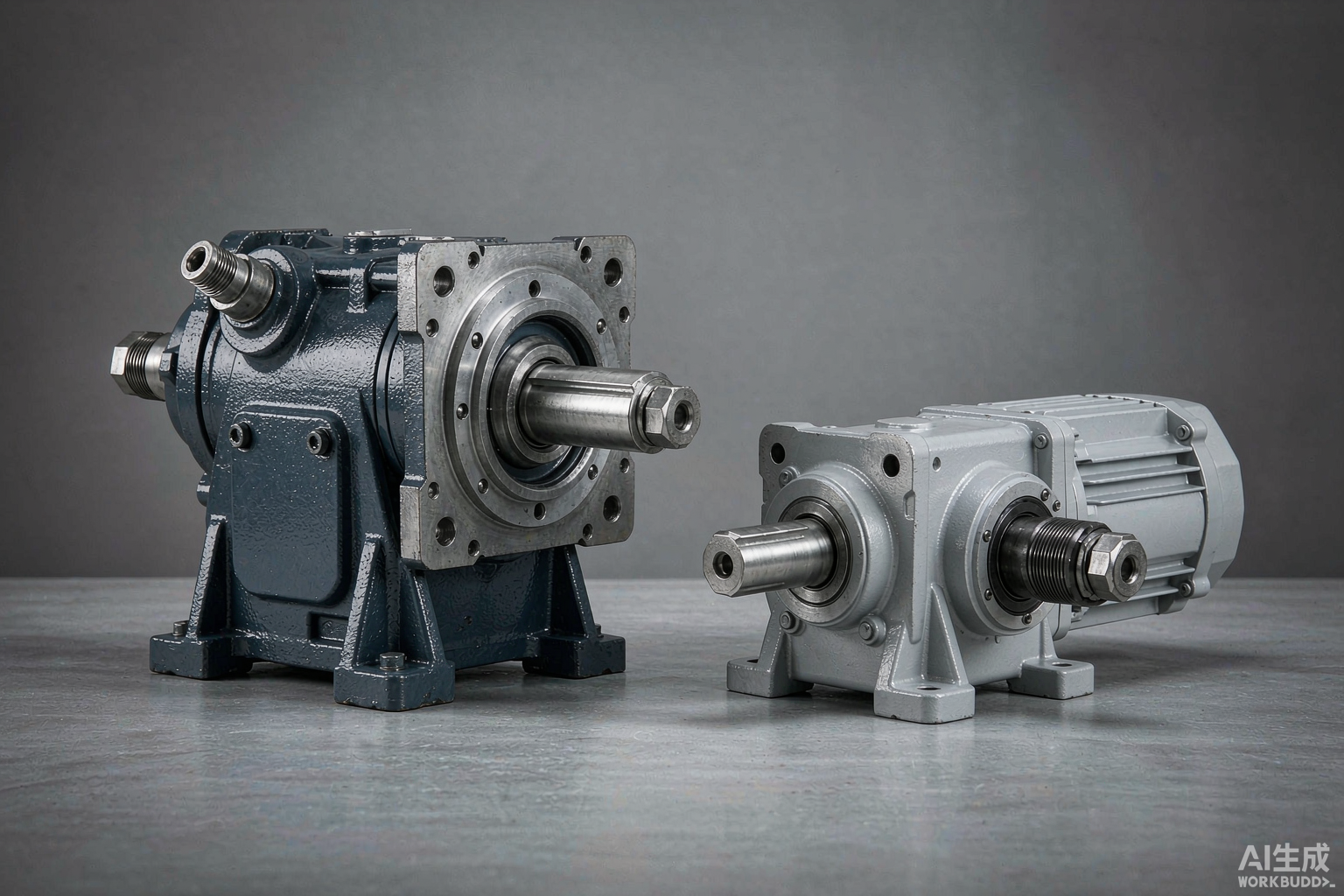 Comparison photo of a SEW-Eurodrive helical-bevel gear motor alongside a compact Chinese-made right-angle AC gear reducer motor on a workshop bench, showing similar IEC mounting footprints at very different price points