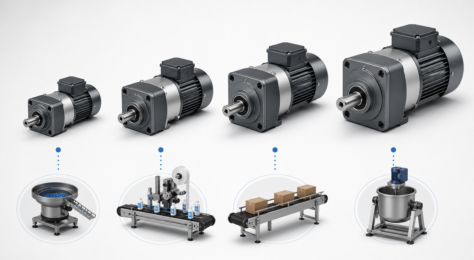 Small AC Gear Reducer Motors in increasing power classes matched to feeders conveyors packaging lines and compact mixers