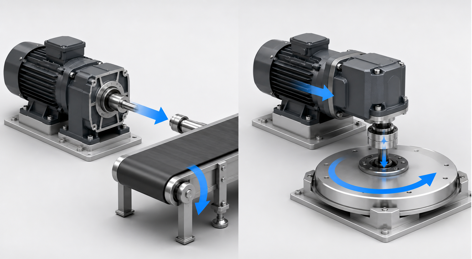 Parallel-shaft and right-angle Small AC Gear Reducer Motors driving a conveyor and turntable