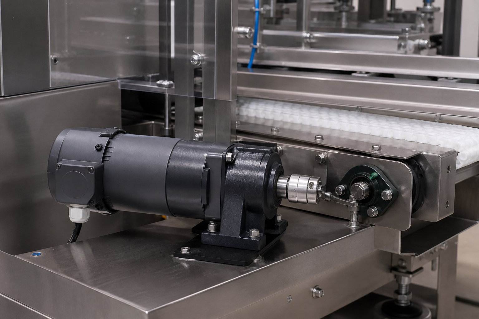 Correct small gear reducer motor mounting and shaft alignment on a compact conveyor