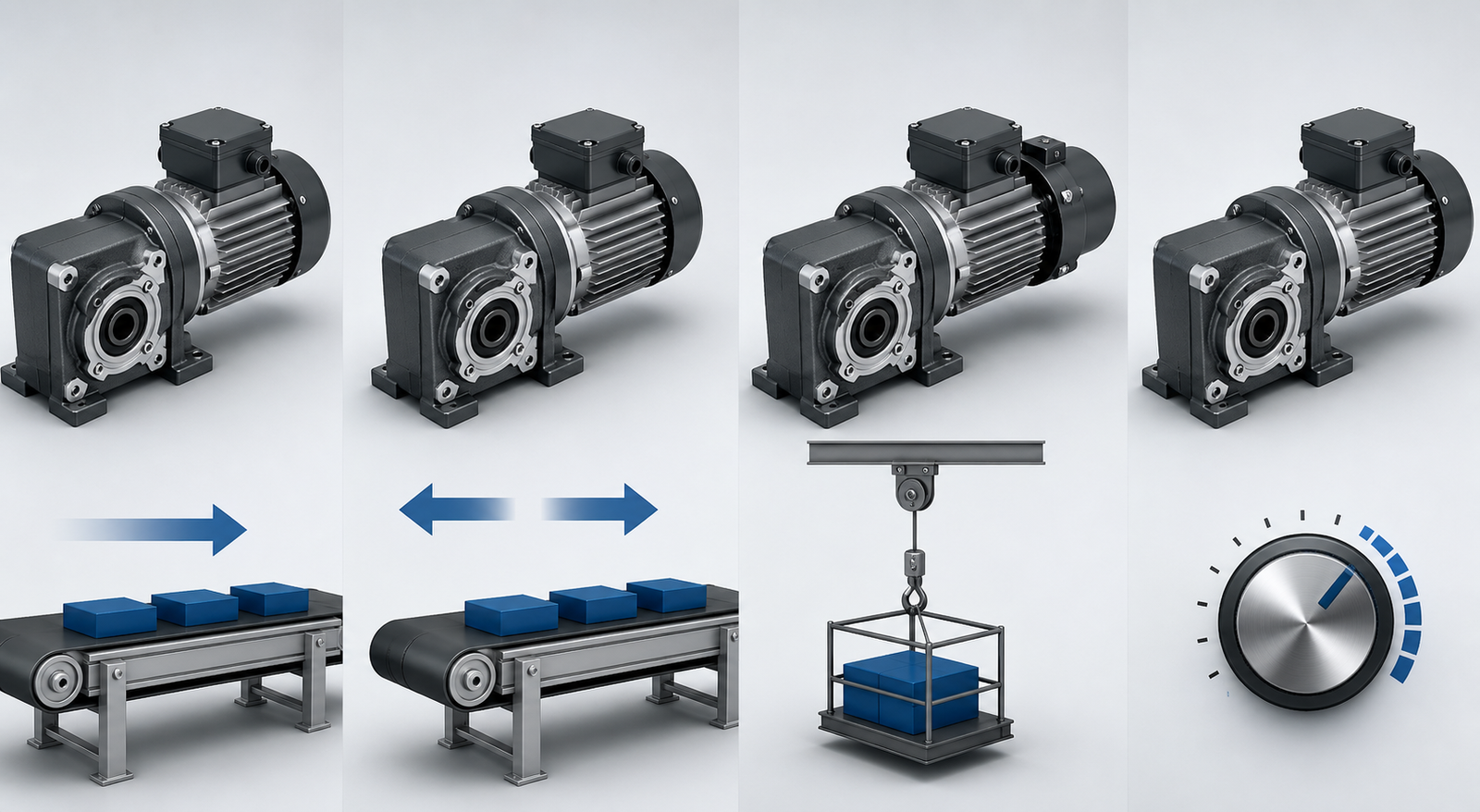 Fixed-speed reversible brake-equipped and speed-controlled small reducer electric motor types