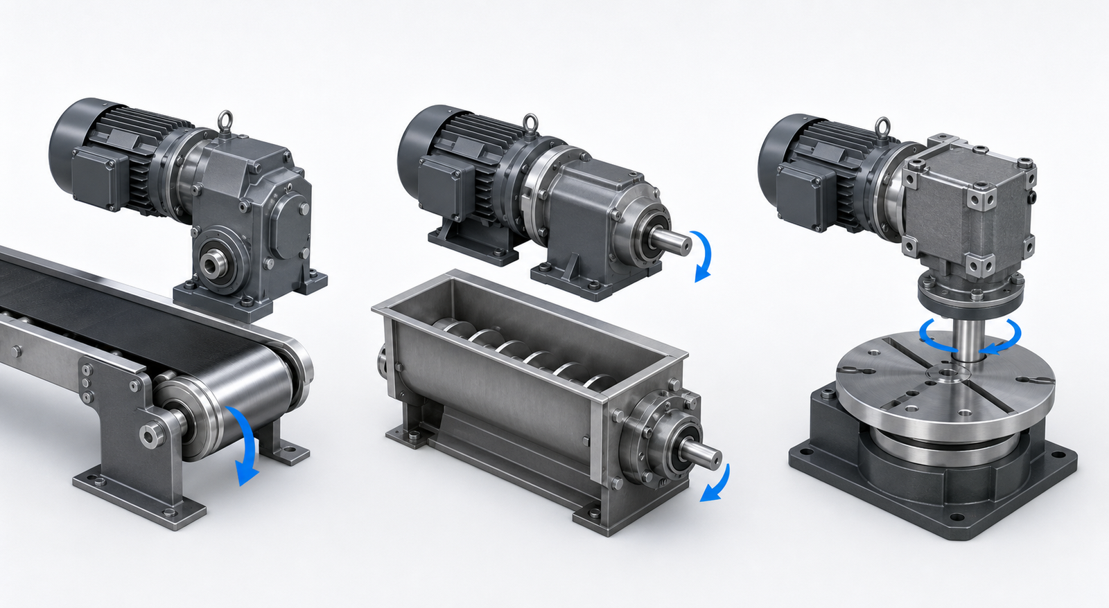 Parallel-shaft inline and right-angle small reducer electric motor layouts for conveyors feeders and rotary tables