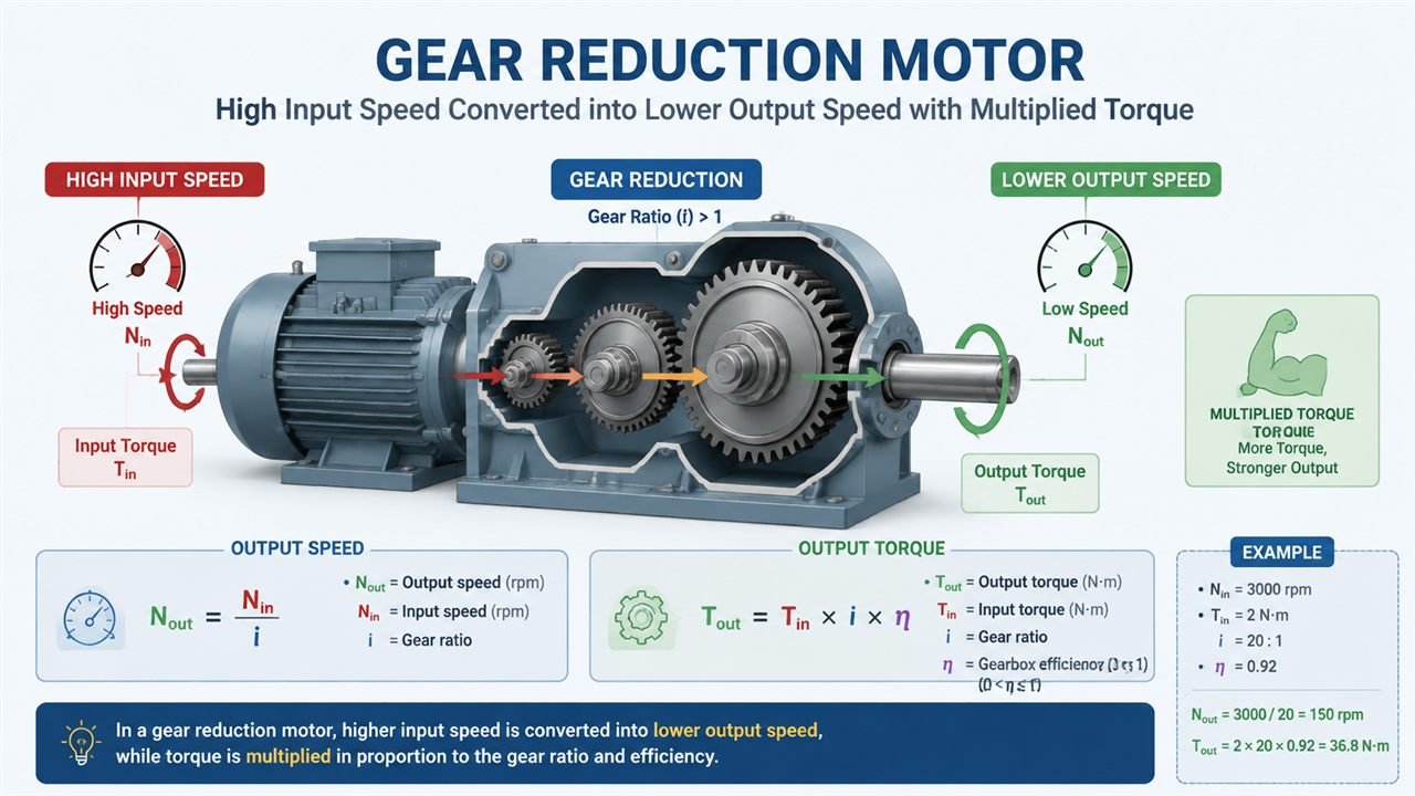 Diagram of a gear reduction motor showing high input speed converted into lower output speed with multiplied torque