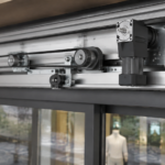 Compact right-angle AC gear motor installed in an automatic sliding door operator header, driving a belt-and-pulley carriage above the door.