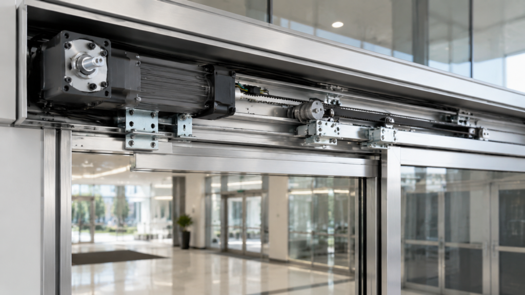 Right-angle AC gear reducer motor mounted in an automatic sliding door operator header in a commercial building entrance.