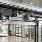 Right-angle AC gear reducer motor mounted in an automatic sliding door operator header in a commercial building entrance.