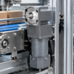 A 90-degree right-angle AC gear motor mounted on a packaging line conveyor drive station, with cartons moving along the line in the background.