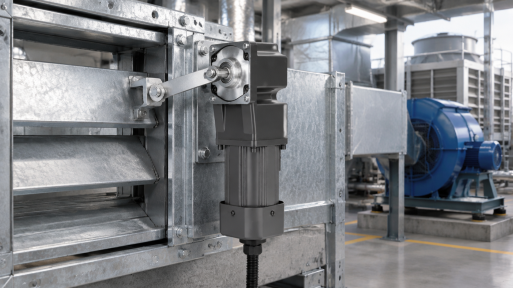 Right-angle AC gear motor driving a damper linkage on a galvanized HVAC duct in an air handling unit plant room