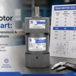 Gear motor size chart cover: small AC gear reducer motor beside a printed frame-size chart for 60, 80, 90 and 104 mm frames