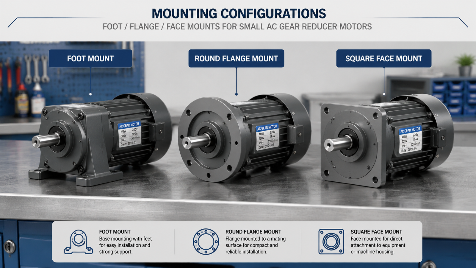 Three small AC gear motors side-by-side showing foot mount, round flange mount, and square face mount on a clean industrial bench