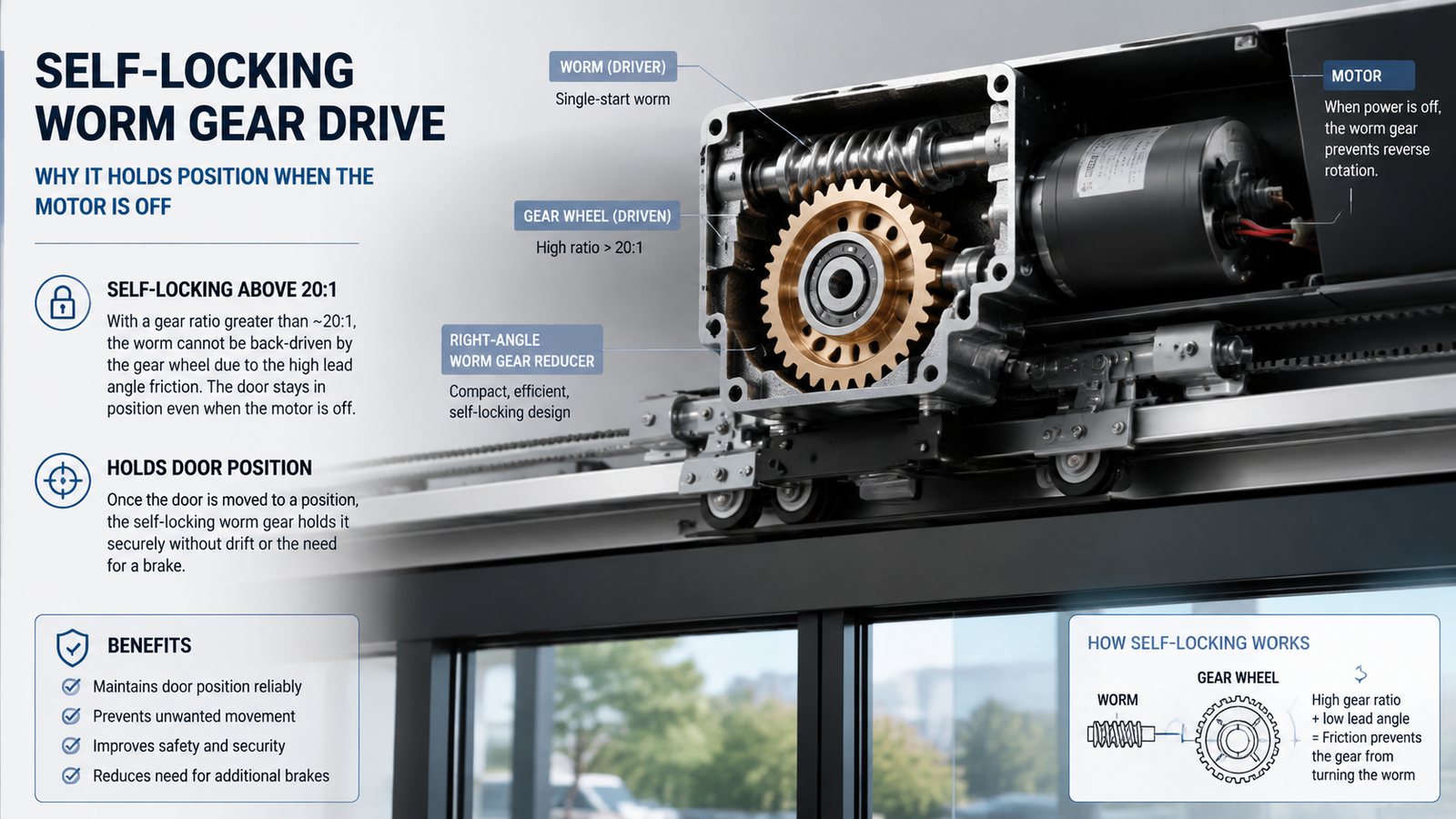 Cutaway illustration of a self-locking worm gear right-angle reducer inside an automatic sliding door operator header.
