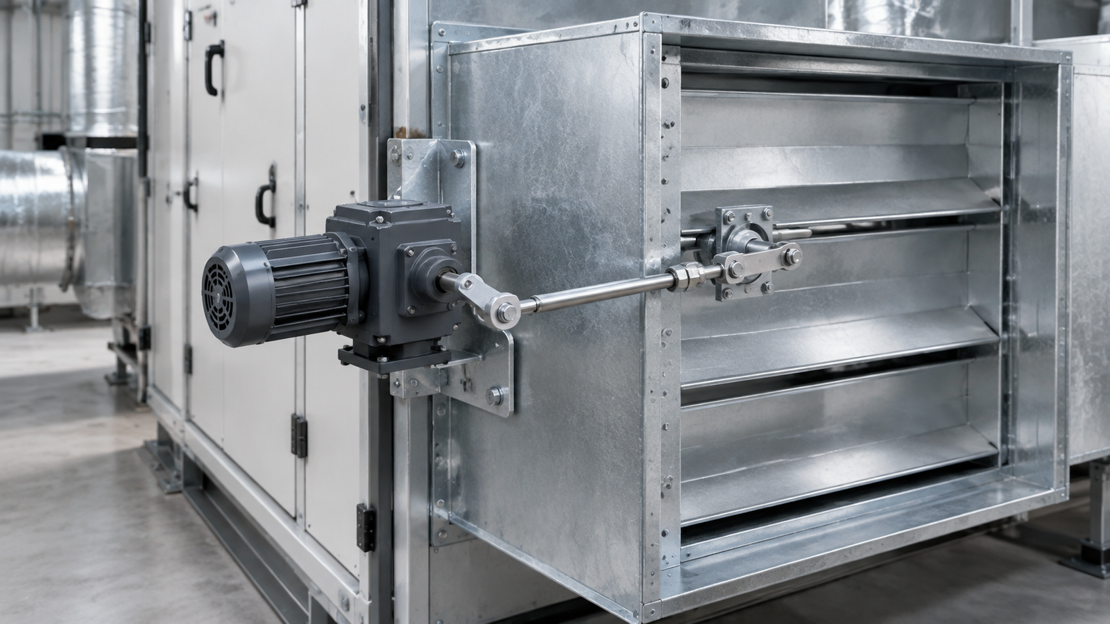 Right-angle AC gear motor driving a rectangular HVAC duct damper through a linkage inside an air handling unit