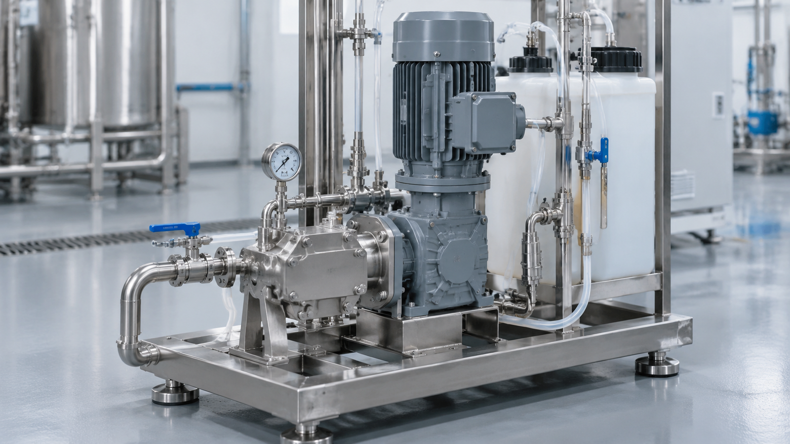 Right-angle AC gear motor driving a positive-displacement gear pump on a compact chemical dosing skid