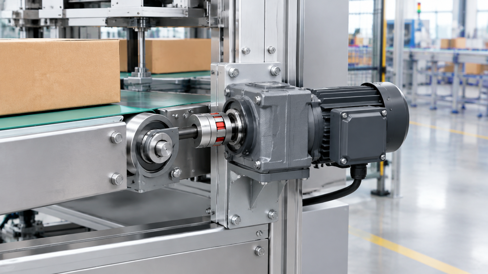Compact right-angle AC gear motor mounted on a small packaging conveyor drive inside a machine frame