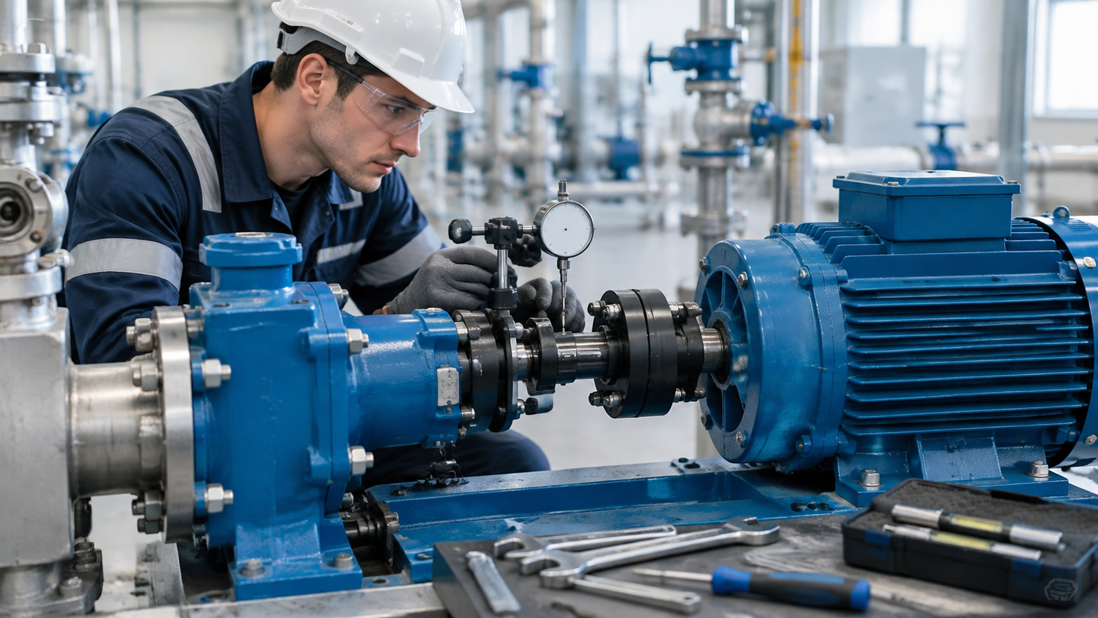 Technician verifying pump shaft speed and coupling alignment on an industrial metering pump drive