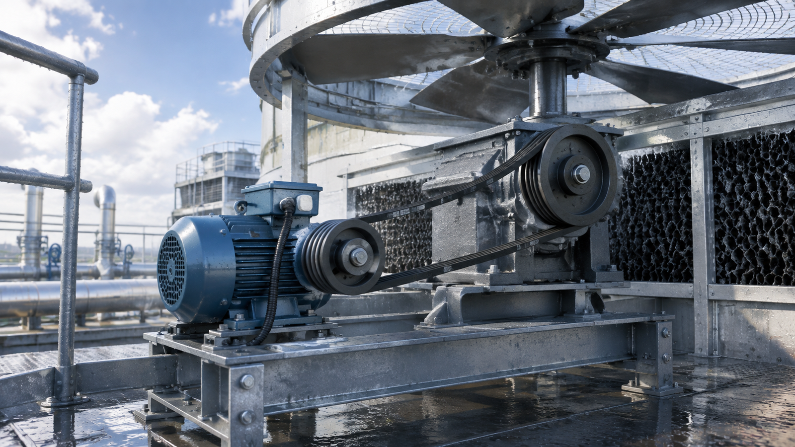 Small AC gear motor mounted on a cooling tower fan drive with belt reduction in an industrial plant room