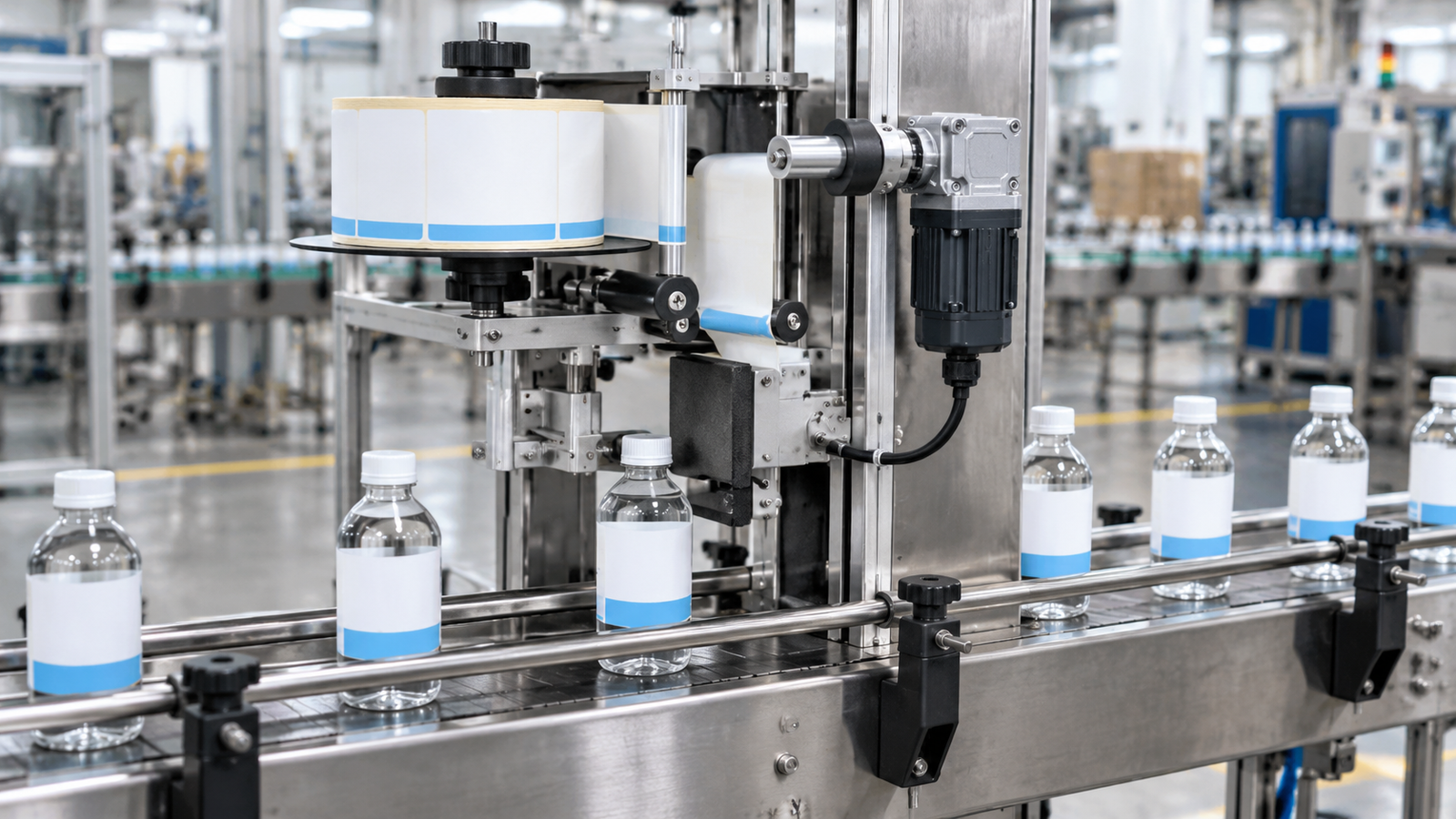 Labeling machine station driven by a small 90-degree gear motor on a packaging line