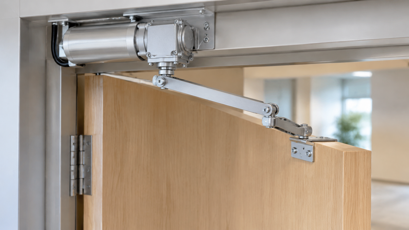 Right-angle gear motor with an articulated push arm driving a swing door leaf, showing the arm angle, hinge axis and the perpendicular distance from the hinge to the line of action