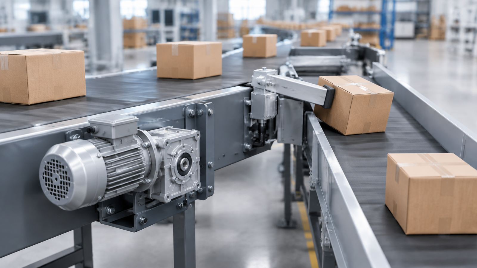 Compact AC gear motor and gearbox mounted on a sorting conveyor frame with a diverter pushing a parcel into a side lane