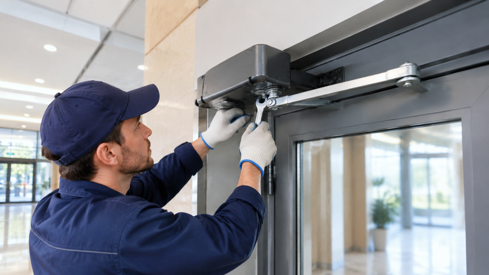 Technician checking the output shaft, arm linkage and mounting alignment of a right-angle gear motor installed above an indoor swing door frame