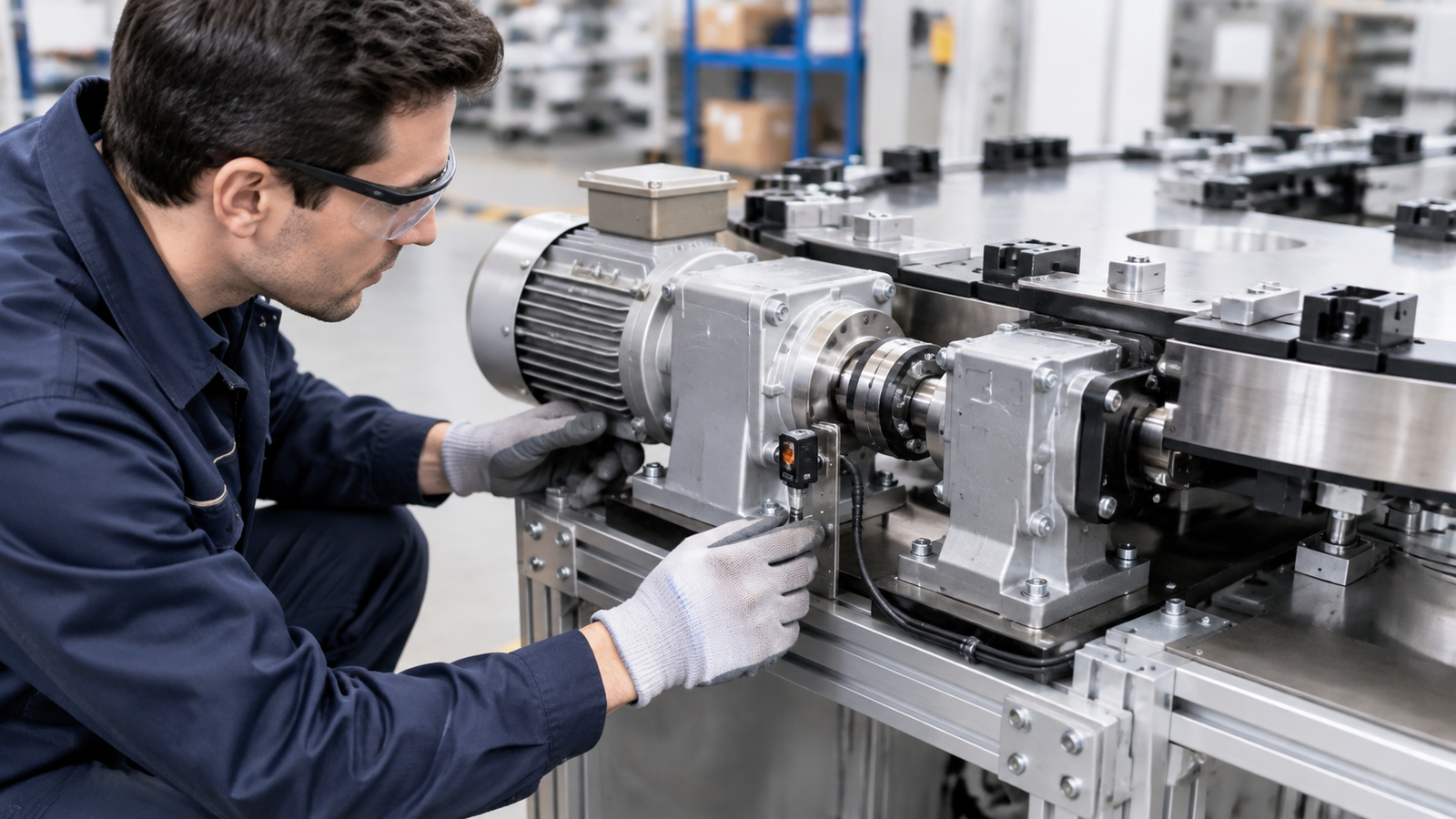 Technician checking the output shaft coupling and photoelectric position sensor on a gear motor driven rotary indexing table