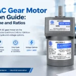 25W AC gear motor selection guide cover showing an 80 mm 4RK gear motor, allowable load 0.45 to 7.84 N.m, gear ratios, duty cycle and voltage options