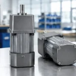 Two compact AC gear motors side by side on a workbench for duty rating comparison