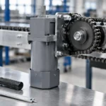 AC gear motor driving a chain sprocket on a conveyor with measuring tools on the bench