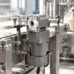 Compact AC gear motor driving a stainless steel belt conveyor in a dry food packaging hall
