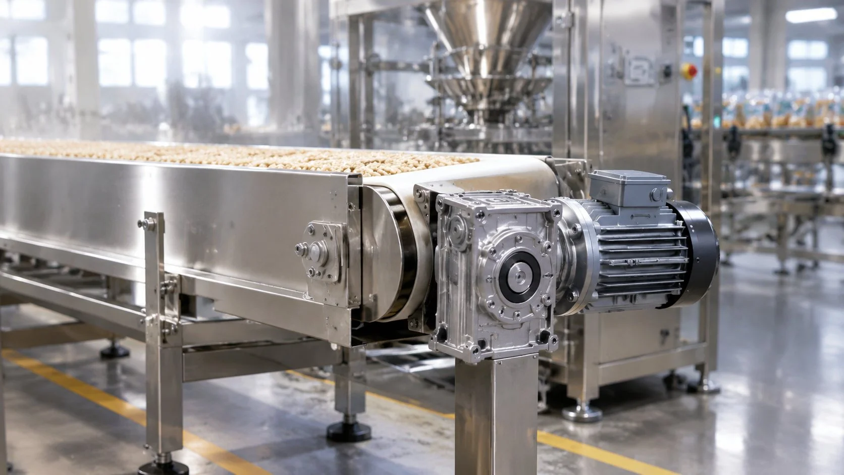 Right-angle gear motor driving the head pulley of a stainless steel conveyor in a dry food packaging hall